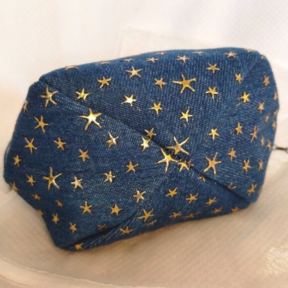 Gold Embossed Star Kiss Lock Coin Purse Key Chain Bag Charm in Blue Denim NEW - Picture 6 of 9